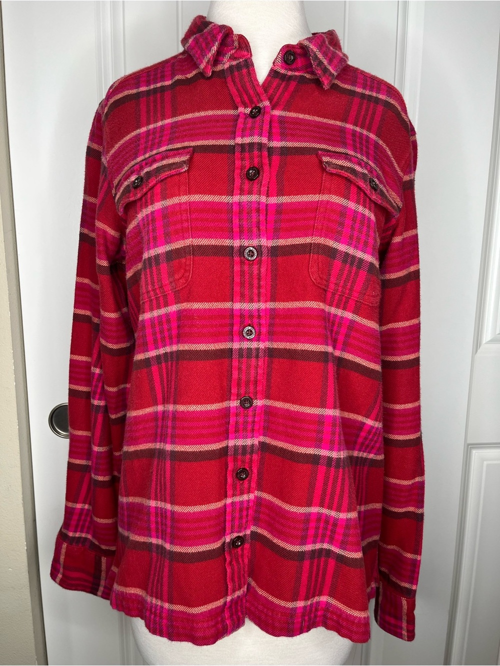 Patagonia Womens Flannel Shirt Cotton Red Pink Plaid Sz 10 Gorpcore Outdoor Cozy